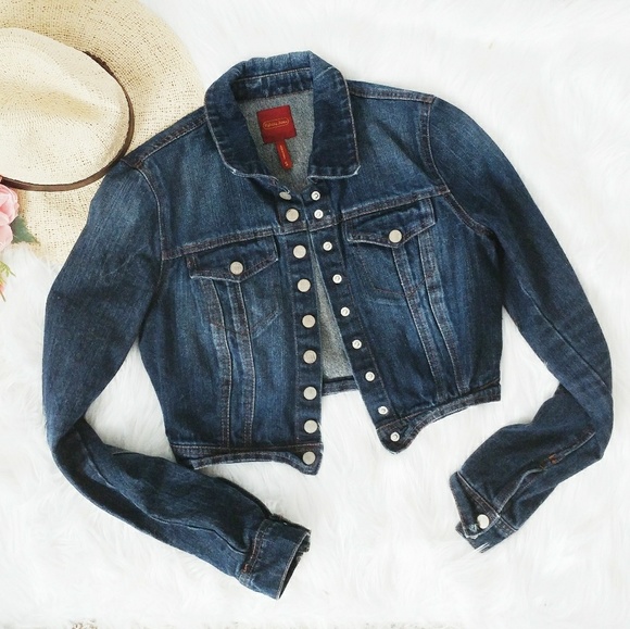 cropped dark wash denim jacket